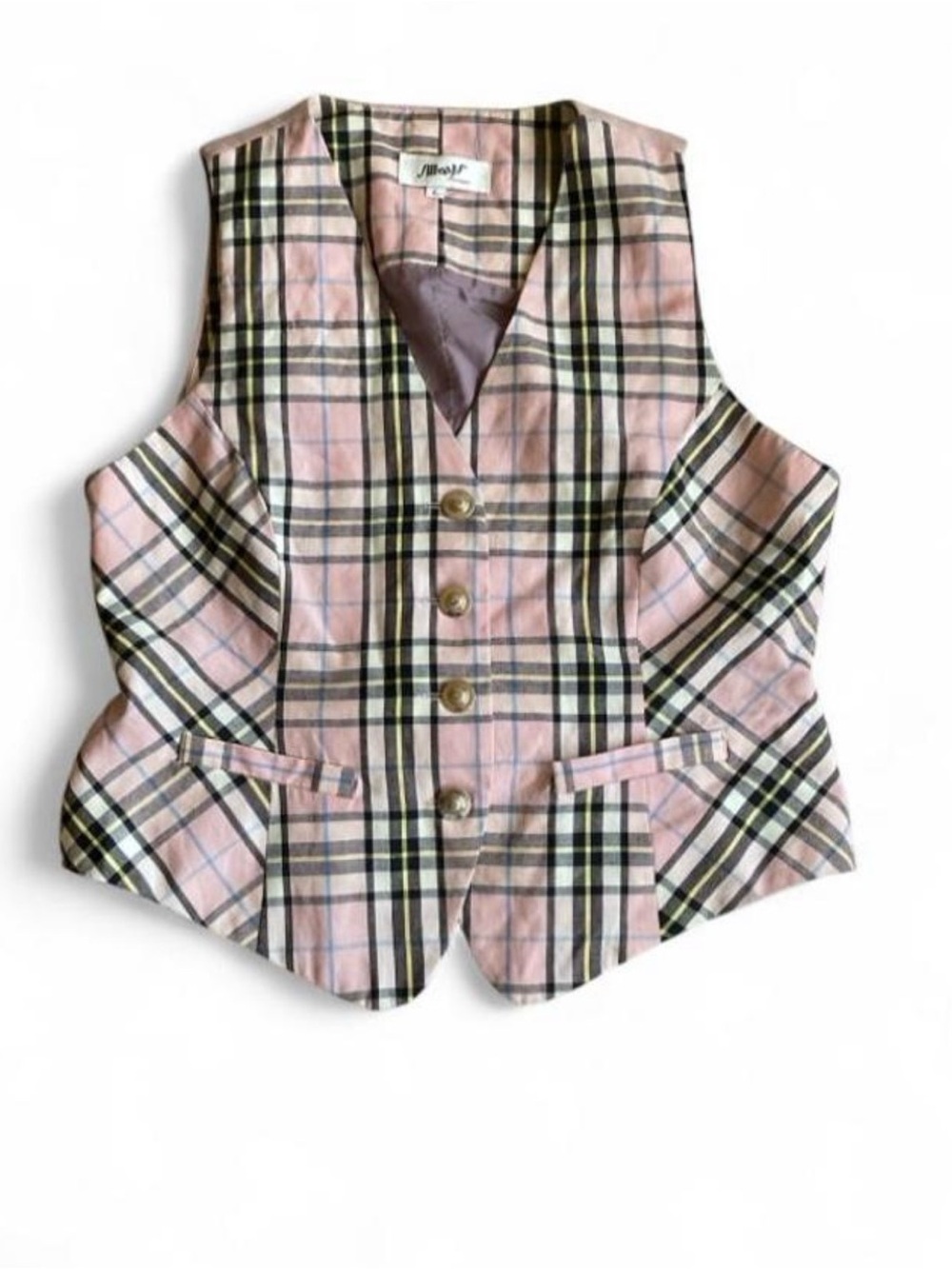 Vintage Y2K Pink Plaid Waistcoat Vest Coquette Preppy Tailored Top SIZE LARGE
